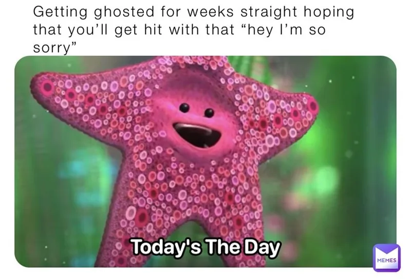 A pink, cartoonish starfish with a bubbly, happy expression and wide open mouth is shown against a green, underwater…
