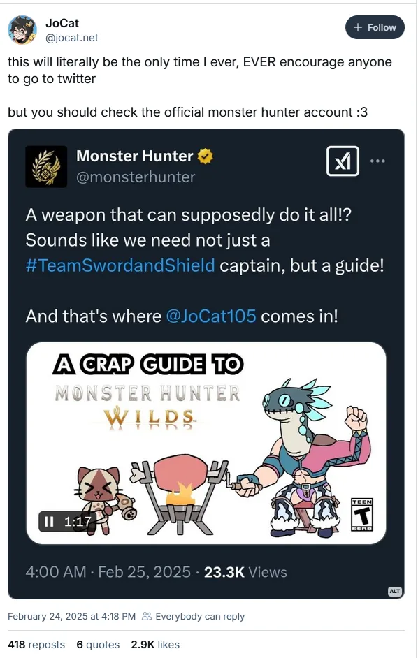 A screenshot of a Twitter post by user JoCat, who says they'll only ever encourage someone to go to Twitter once. The post…