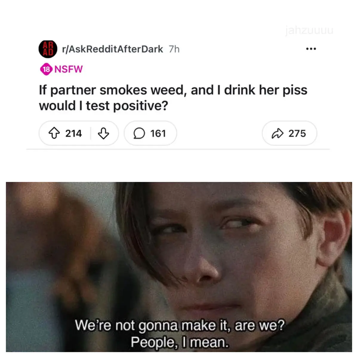 The image displays a Reddit post from r/AskRedditAfterDark with an NSFW warning, asking if drinking a partner's urine after…