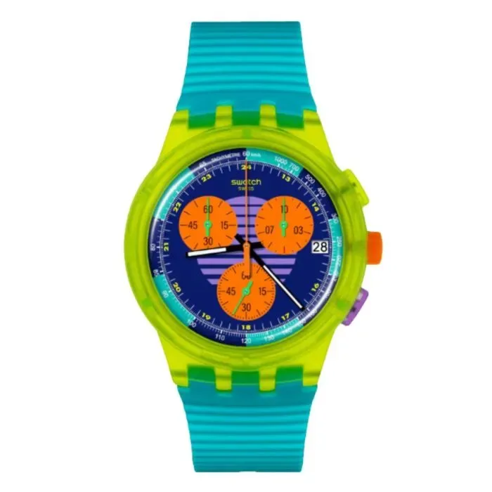 A brightly colored Swatch chronograph watch with a lime green case, turquoise striped strap, and a blue dial featuring three…