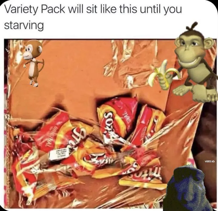 An open, messy candy variety pack filled with crushed and torn bags of snacks like Sour Patch Kids and Twix. Two cartoon…