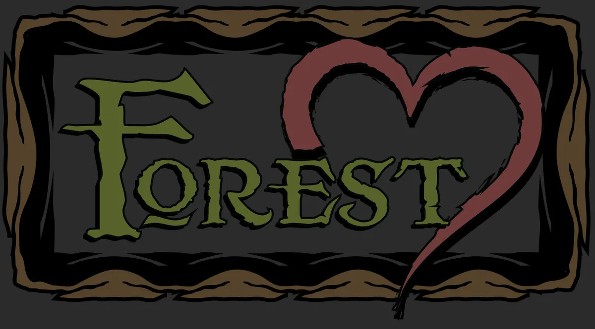 A stylized wooden sign with the word 'Forest' in green, medieval-style lettering, where the letter 'O' is replaced by a…