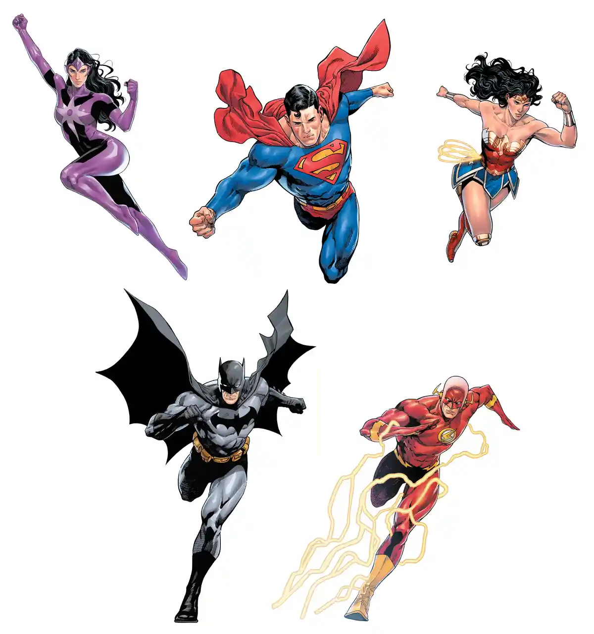 The image displays six comic book superheroes: Superman, Wonder Woman, Batwoman, Batman, The Flash, and a purple-clad female…