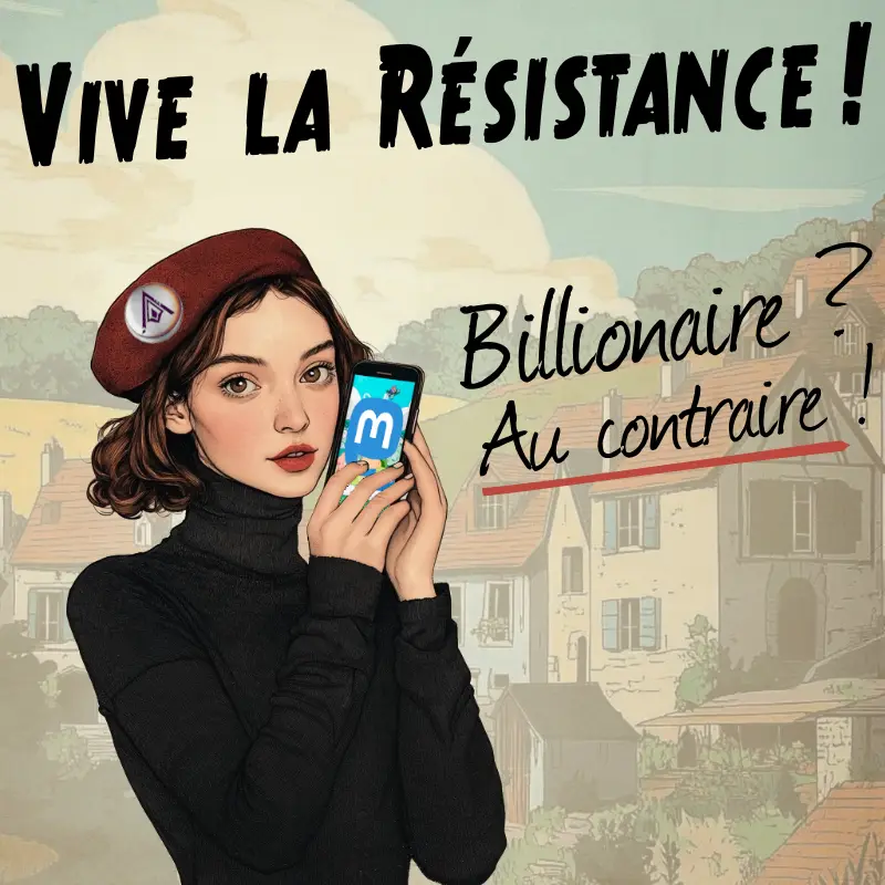 An illustrated woman wearing a red beret with a Resistance pin and a black turtleneck holds a smartphone displaying the…