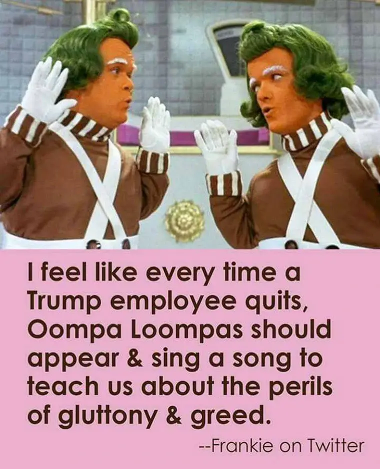 Two Oompa Loompas from Willy Wonka's chocolate factory, wearing brown and white uniforms with green hair and white gloves…