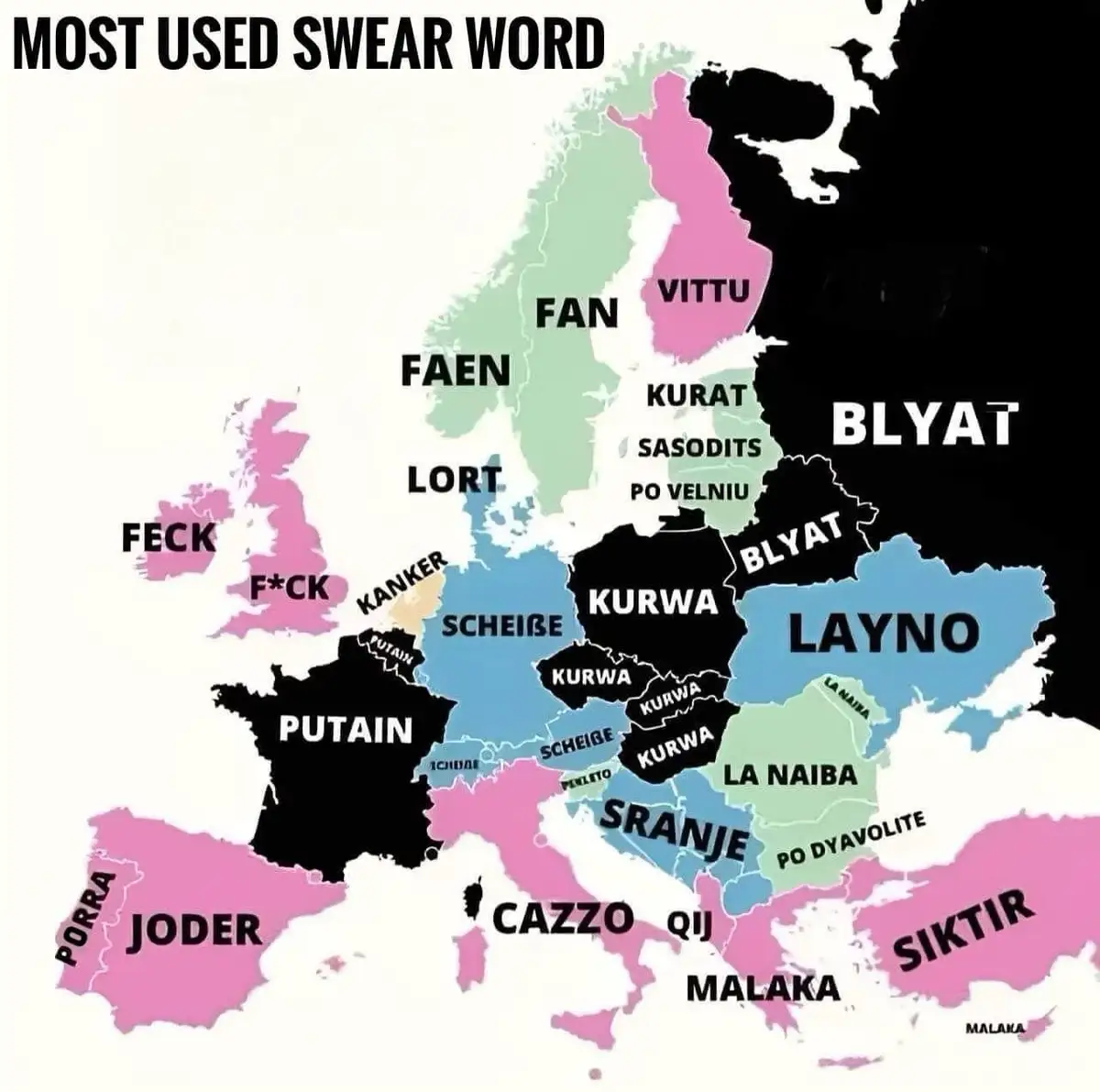 A map of Europe with countries colored differently and labeled with various swear words in their native languages, such as…