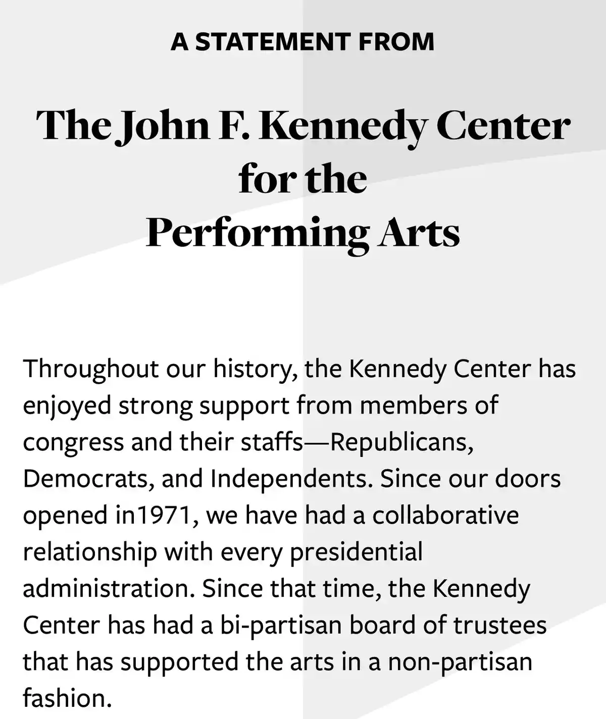 The image displays a formal-looking statement from The John F. Kennedy Center for the Performing Arts, with text claiming…