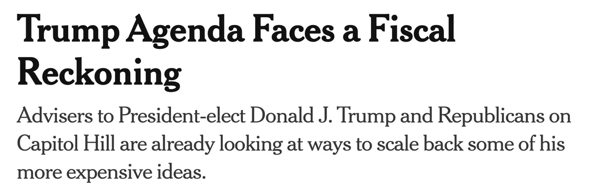 The image displays a newspaper-style headline and subtext in black font on a white background. The headline reads 'Trump…
