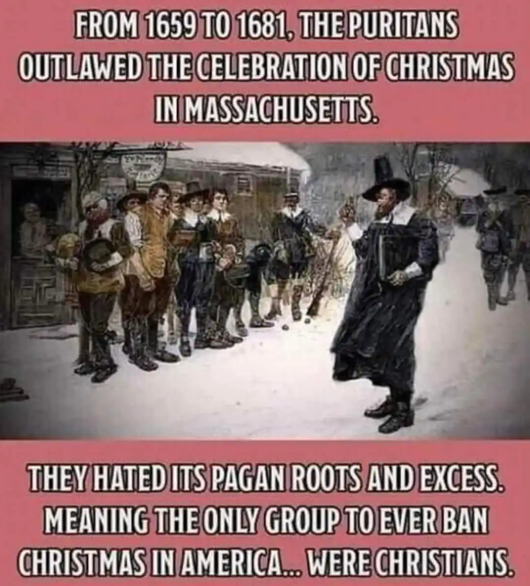 An illustration depicts a Puritan minister in a snowy town square addressing a crowd of colonists in 17th-century attire…
