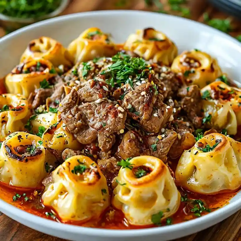 A close-up photo of a white bowl filled with golden-brown dumplings and chunks of browned meat in a reddish sauce, garnished…