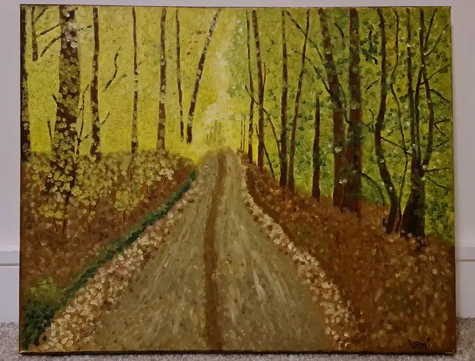 A painting of a winding dirt road through a forest with tall trees and dappled sunlight, signed 'emi' in the bottom right…