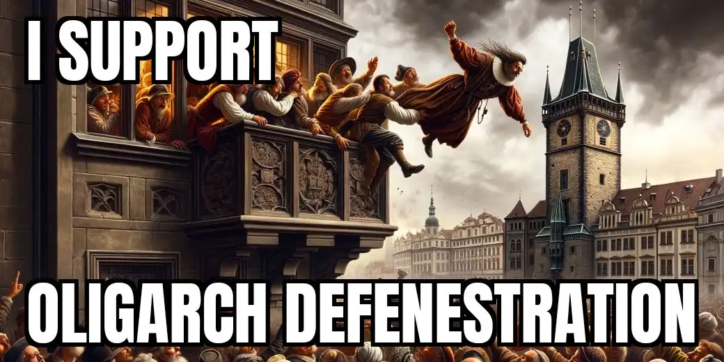 A digitally altered historical painting depicts a man in Renaissance clothing being thrown out of a window by a crowd on a…