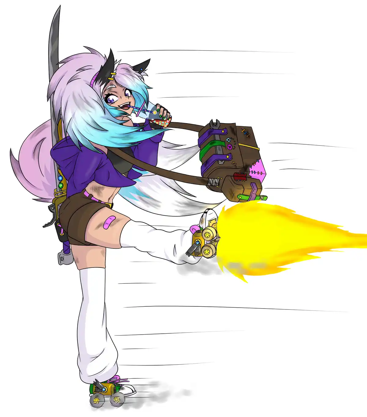 An anime-style girl with purple and blue hair, cat ears, and a sword on her back is skating on roller skates while kicking a…