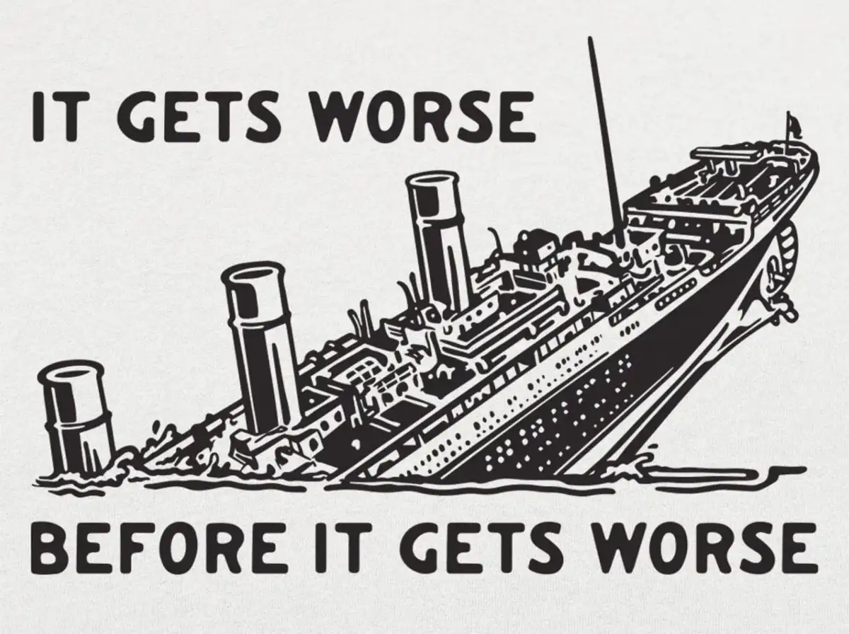 A black-and-white illustration shows a large ocean liner sinking at a steep angle, with water splashing around it and one…