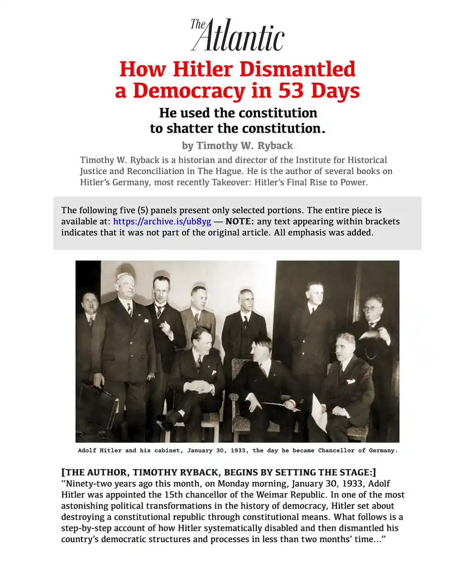 The image displays a black-and-white historical photograph of Adolf Hitler and his cabinet on January 30, 1933, the day he…
