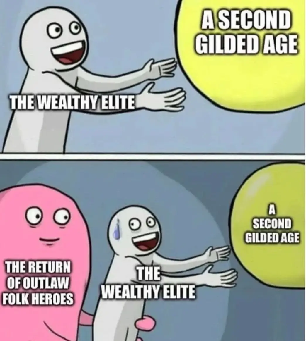 The top panel shows a white stick figure labeled 'THE WEALTHY ELITE' happily presenting a large yellow orb labeled 'A SECOND…