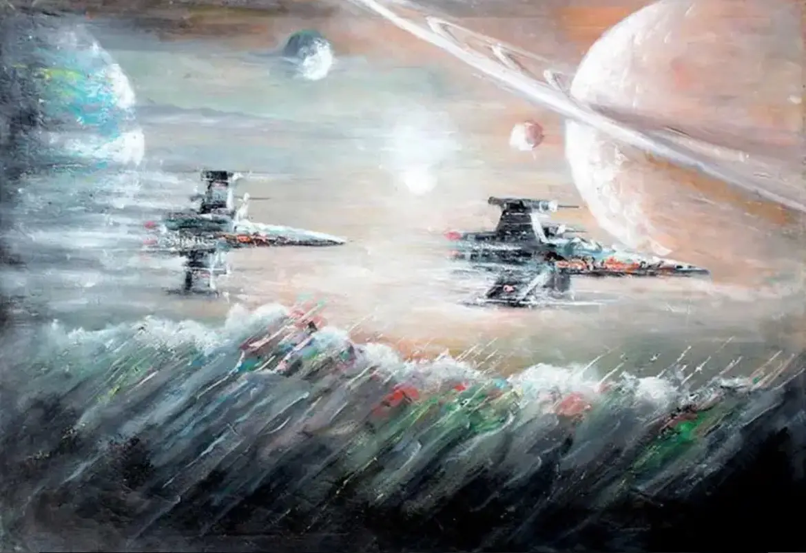 An oil painting depicts two Star Destroyers flying through space near planets and moons, but the lower half of the image is…