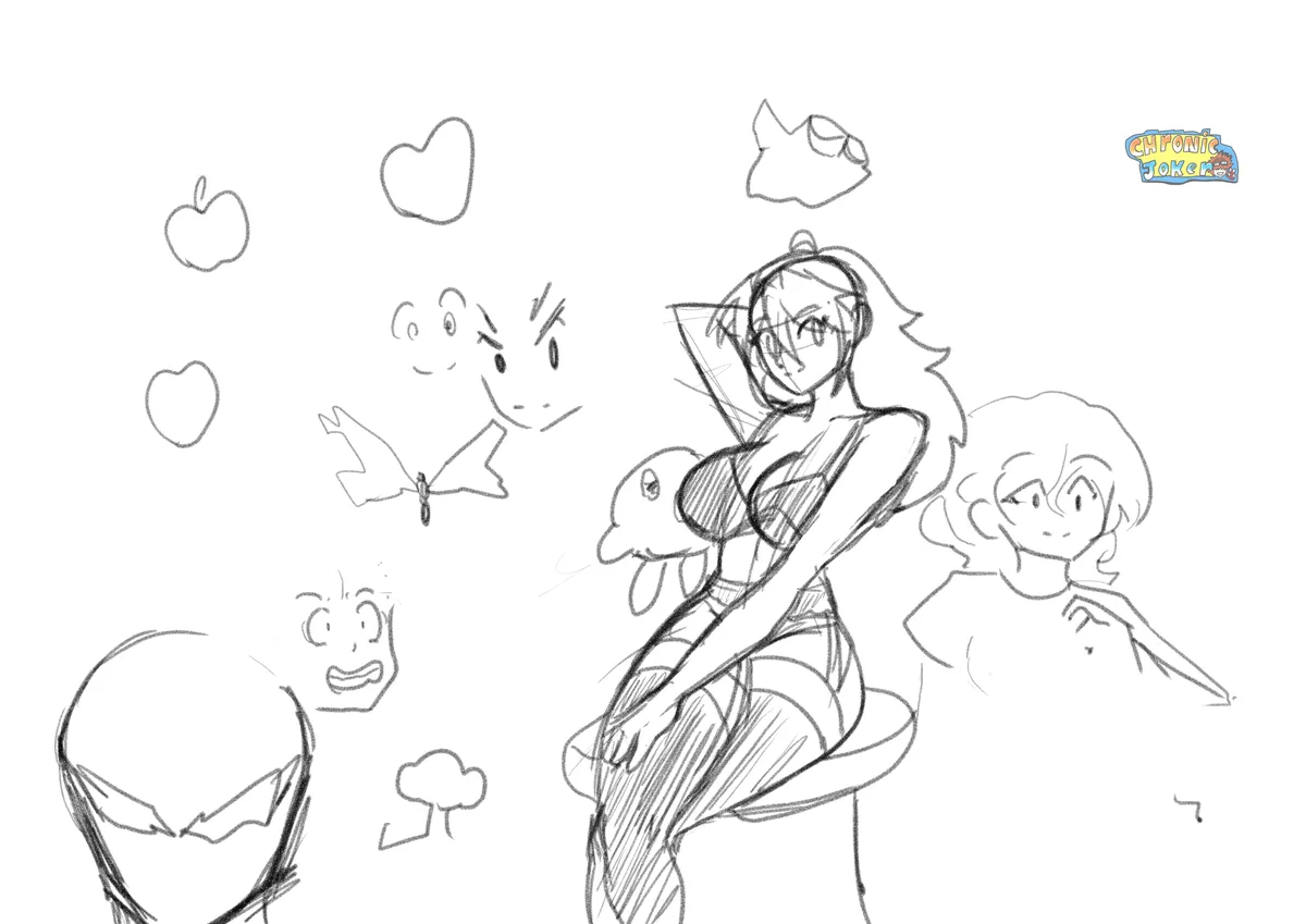 A black-and-white sketch shows a central female anime character in a revealing outfit, surrounded by floating cartoon…