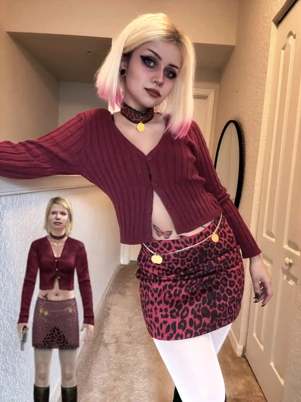 A person with blonde hair and pink-tipped bangs, wearing a red ribbed cardigan, a leopard-print skirt, and white tights…