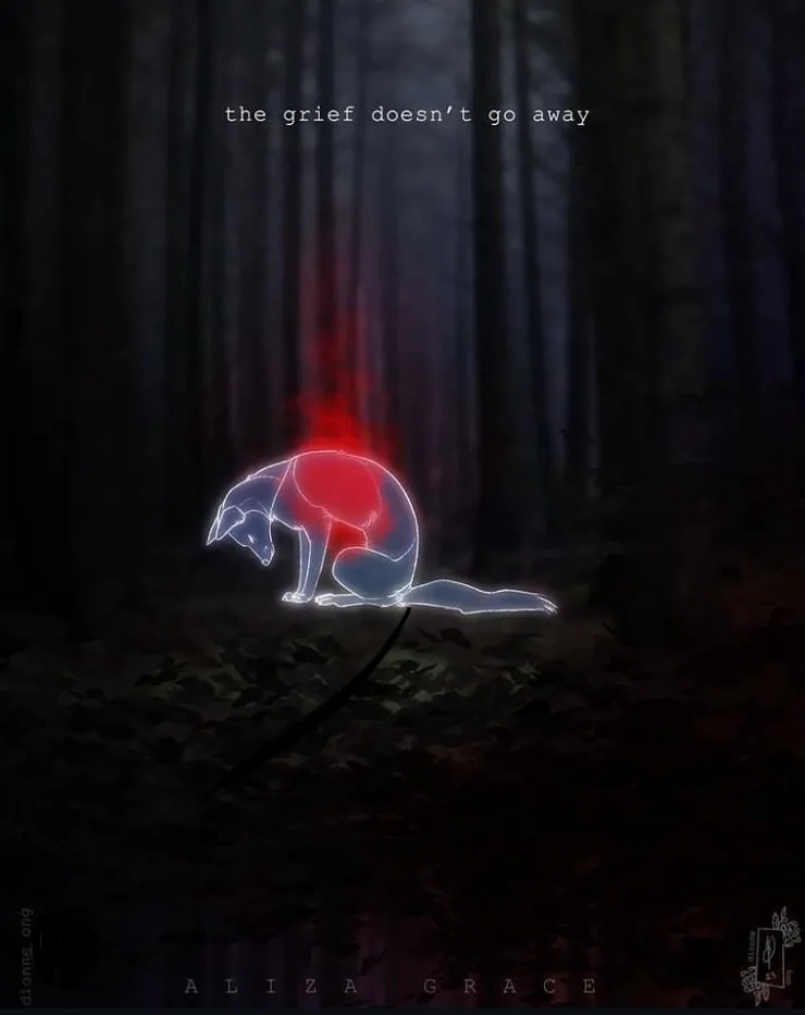 A glowing, translucent fox sits hunched in a dark forest, its torso highlighted in red, conveying deep sorrow. The text 'the…