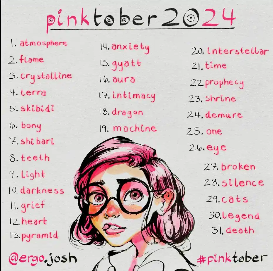 A hand-drawn illustration of a person with pink hair and glasses, surrounded by a numbered list of 31 pink-themed words like…