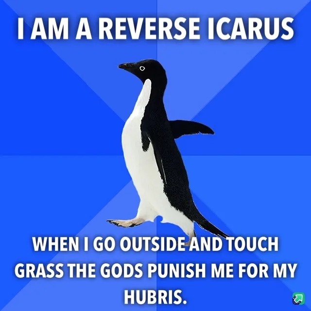 A penguin stands against a blue background with white text overlaid. The top text reads 'I AM A REVERSE ICARUS' and the…
