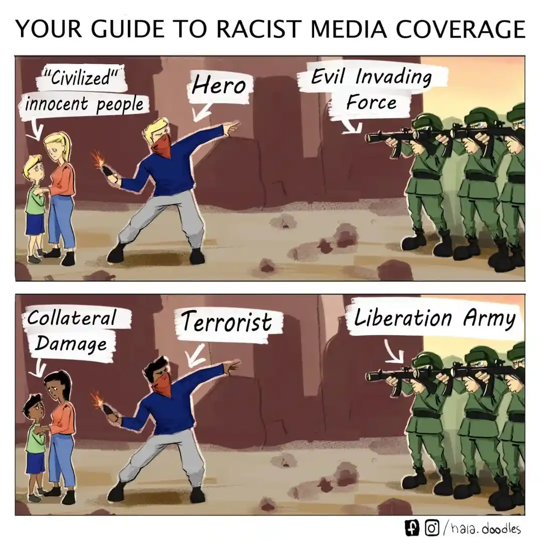 Two-panel cartoon showing the same scene with swapped labels: top panel labels a blonde man as 'Hero' pointing at 'Civilized…