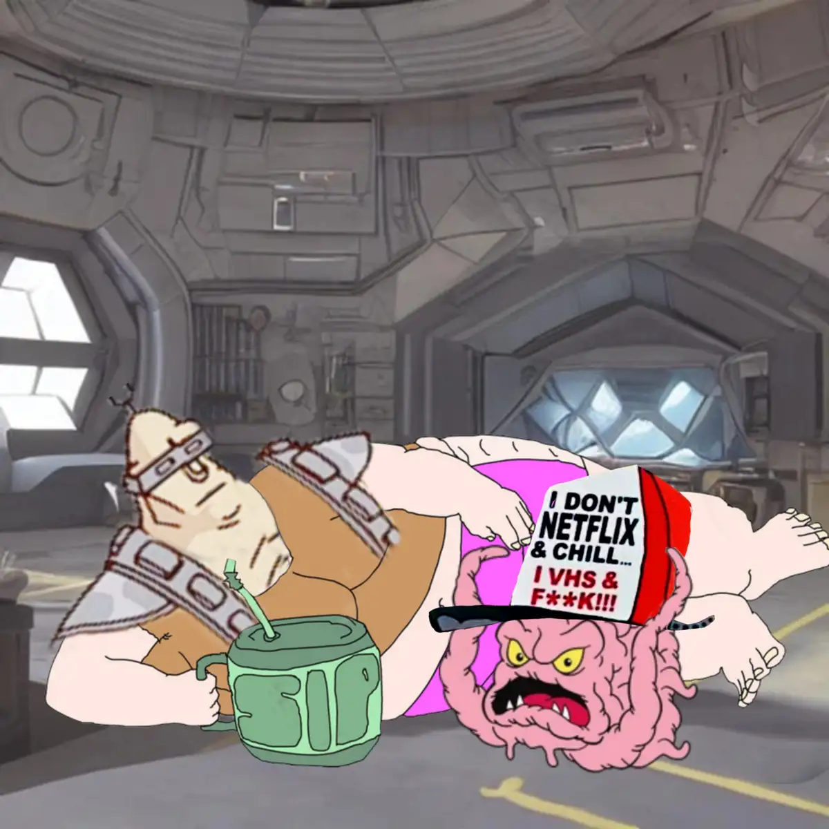 A cartoon character resembling a muscular, shirtless man with a bandana and armor straps lies on his back in a spaceship…