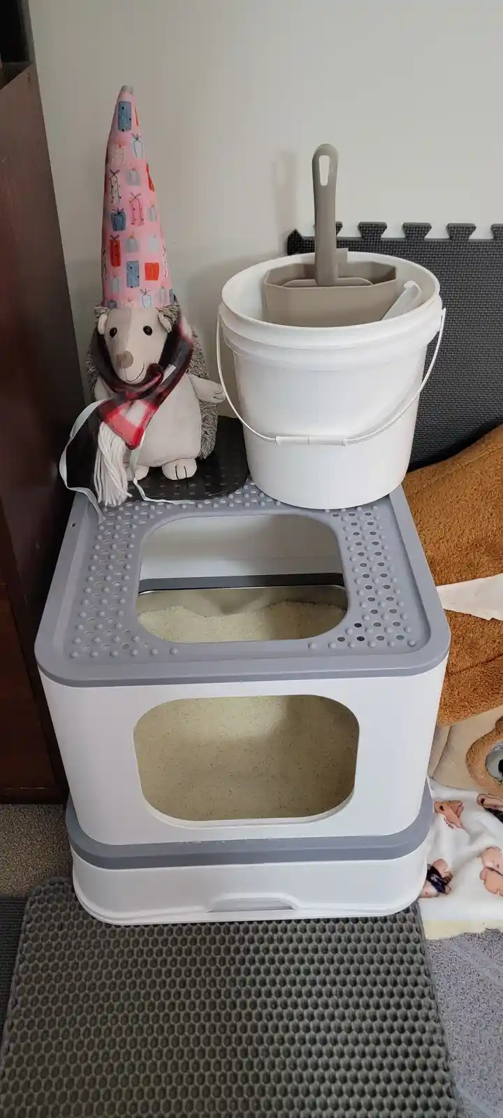 A plush hedgehog wearing a pink party hat and red plaid scarf sits beside a large white cat litter box filled with sand…