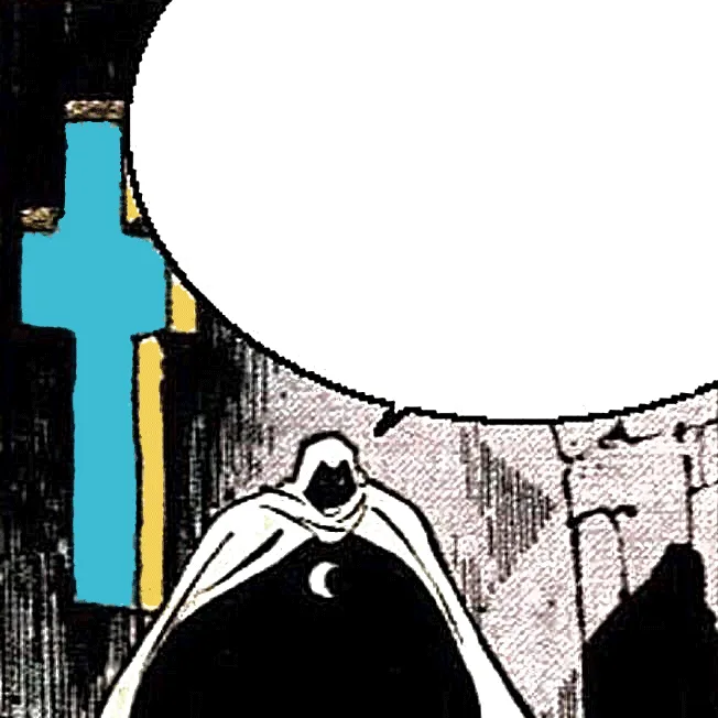 A six-panel comic strip featuring a cloaked, hooded figure with a crescent moon symbol on their chest, standing before a…