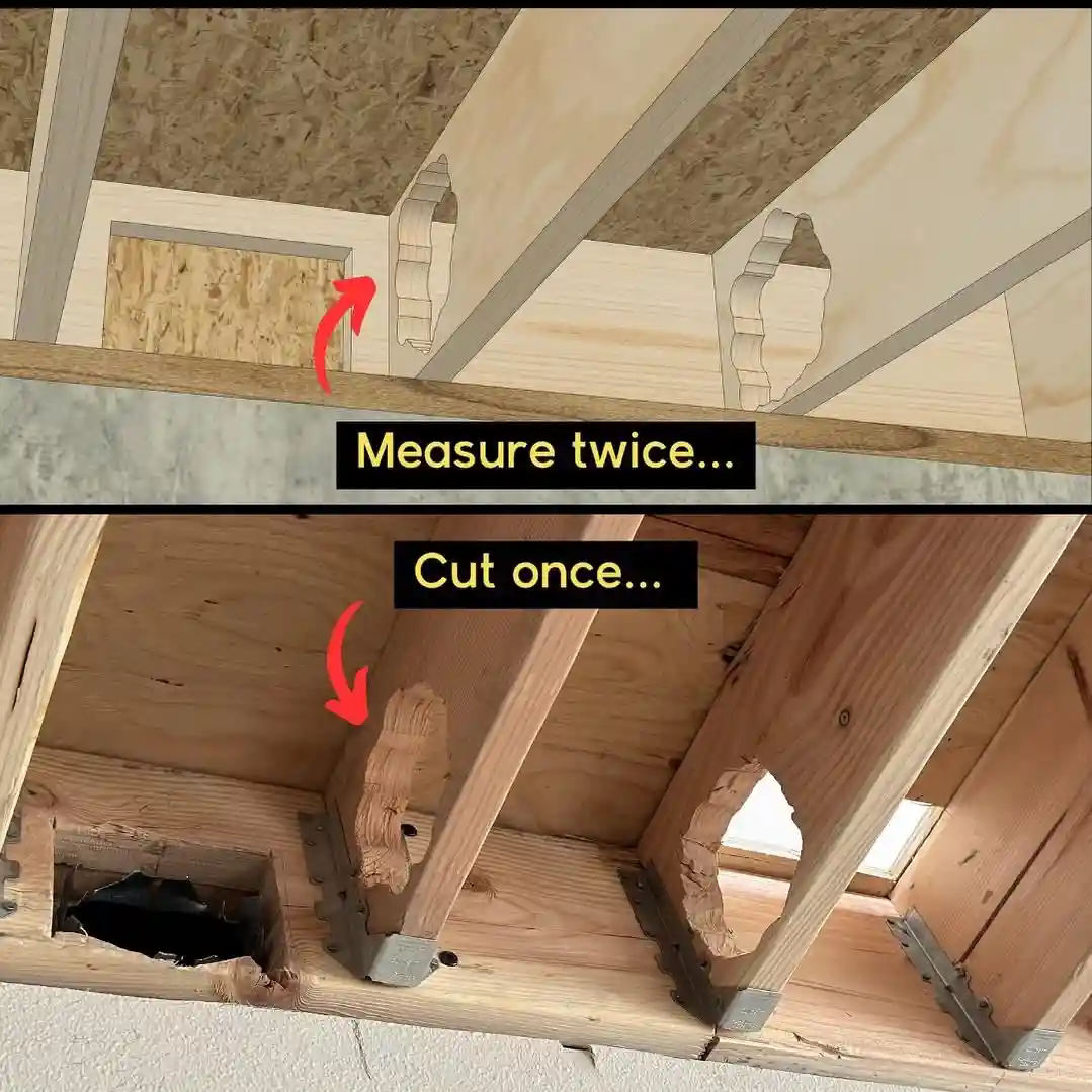 The image is split into two panels showing a woodworking project. The top panel shows a clean, precise cut in a wooden beam…