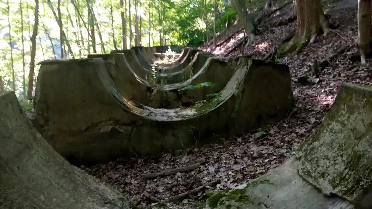 A weathered, curved concrete structure, possibly an old drainage culvert or abandoned pipe, lies partially buried in a…