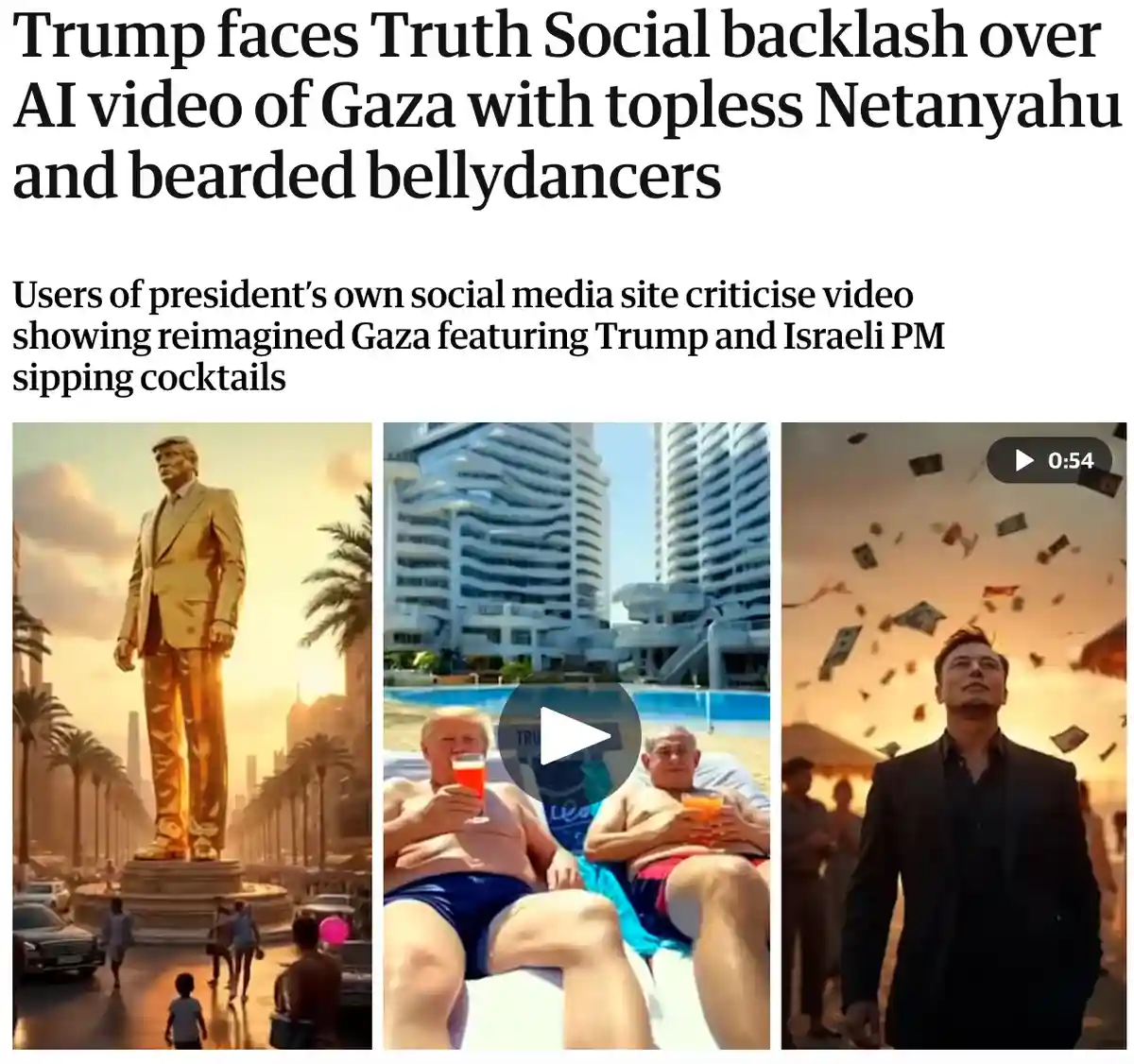 The image displays a news article headline about backlash against an AI-generated video. Below the headline are three…