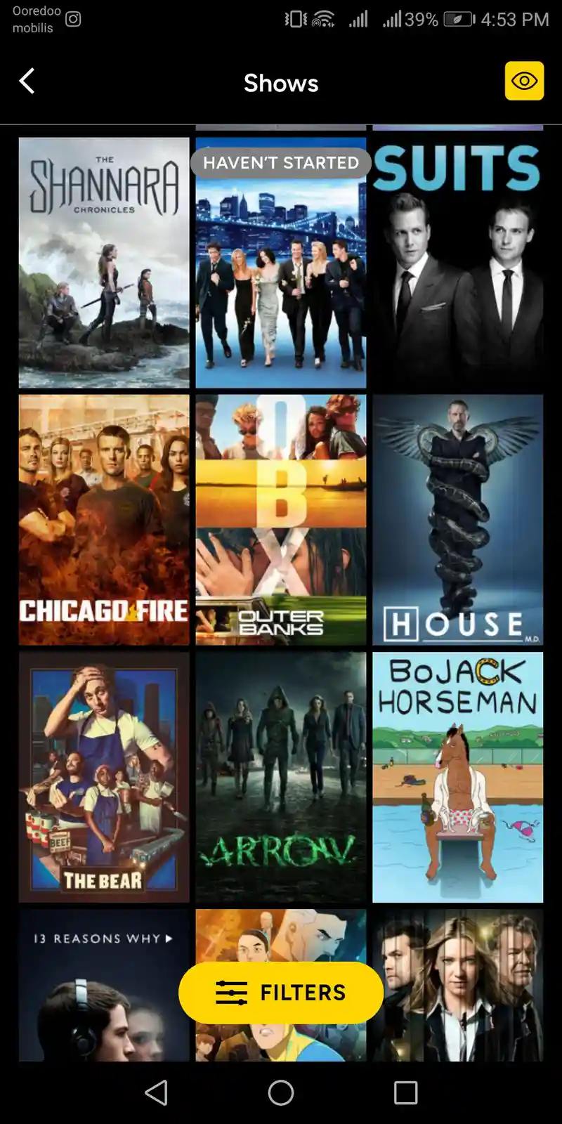 A screenshot of a TV show browsing app displays a grid of show posters including The Shannara Chronicles, Suits, Chicago…