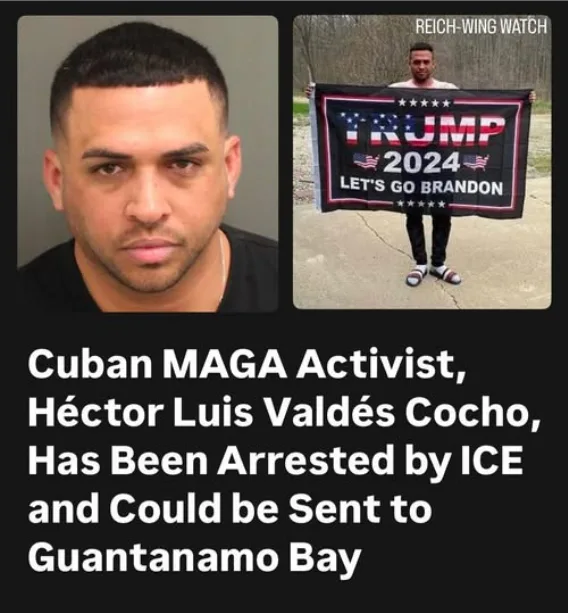 The image displays two side-by-side photos of the same man: a mugshot on the left and him holding a 'TRUMP 2024 LET'S GO…