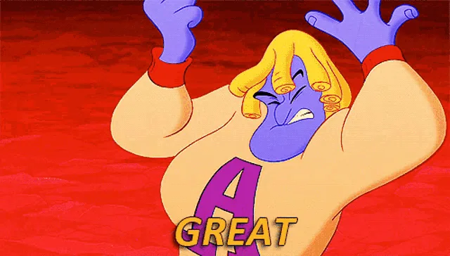 The image shows a sequence of frames from the animated movie 'Aladdin,' featuring the Genie in various expressions of…