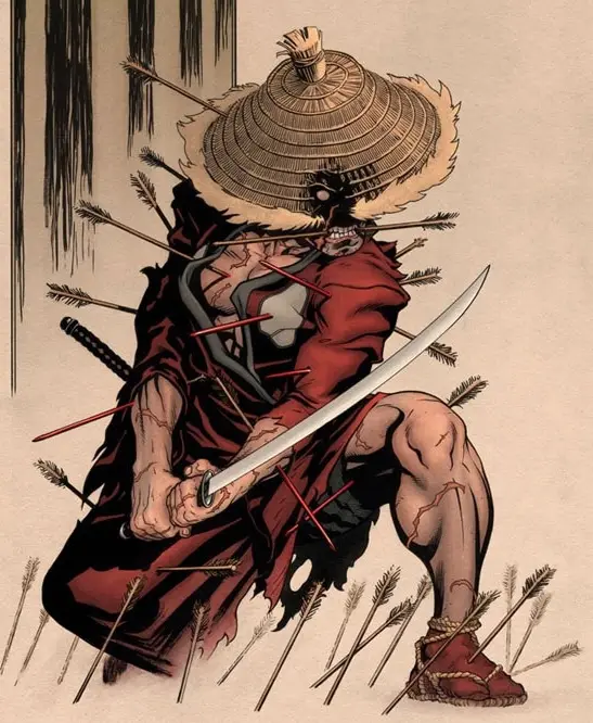 A samurai warrior, wearing a straw hat and red robe, is covered in arrows piercing his body, yet he kneels holding a sword…