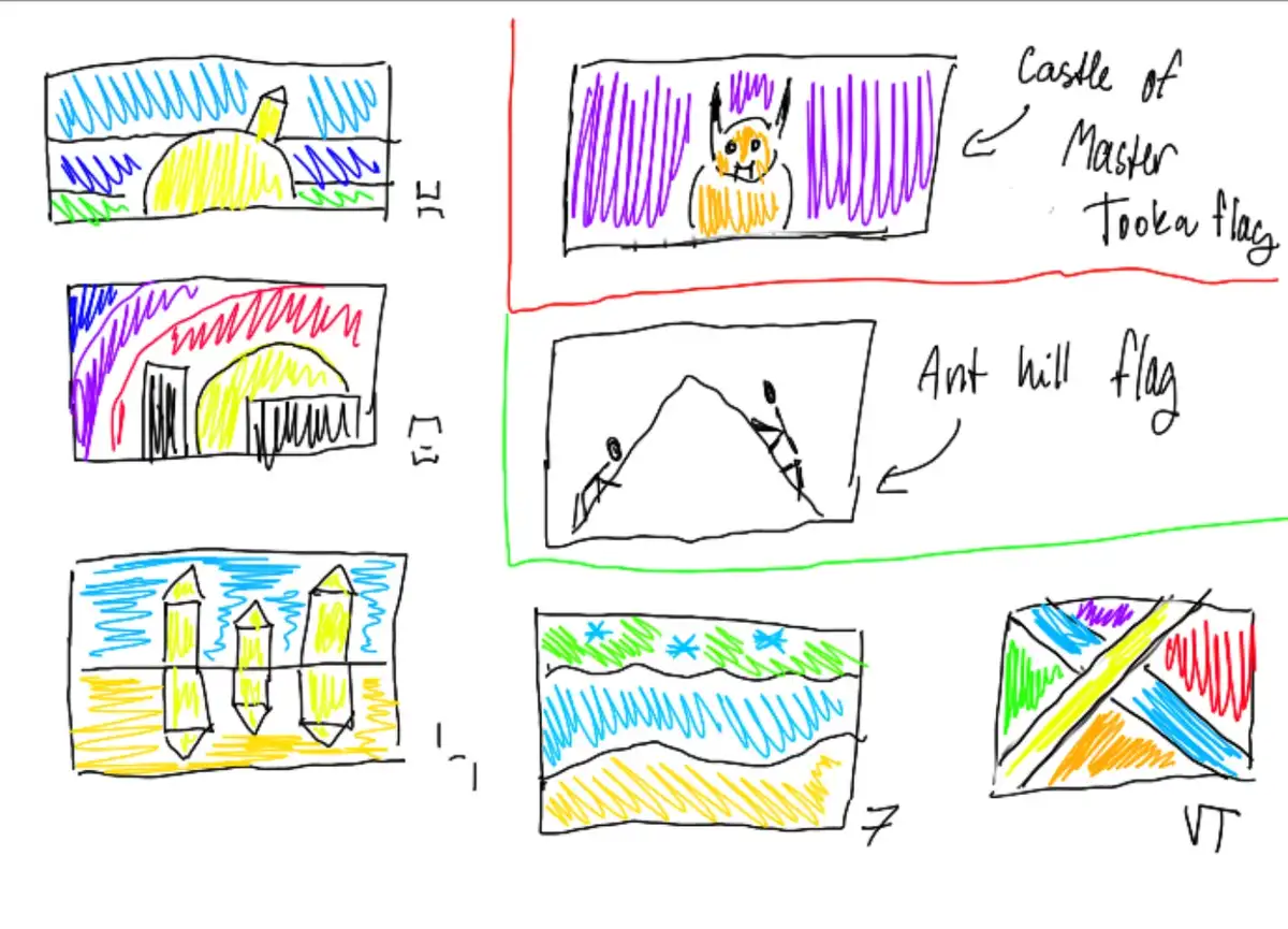 A hand-drawn, childlike comic strip with six panels showing crude, colorful illustrations: a castle, a house, towers, a…