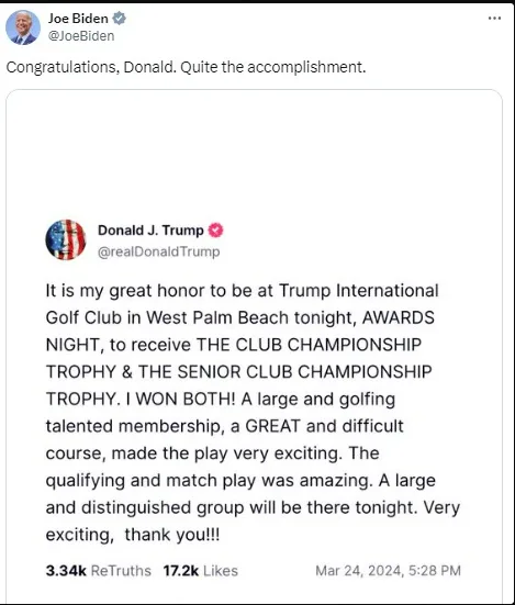 A screenshot of a Twitter post by Joe Biden showing a reply to Donald Trump's tweet. Trump's tweet announces he won two golf…