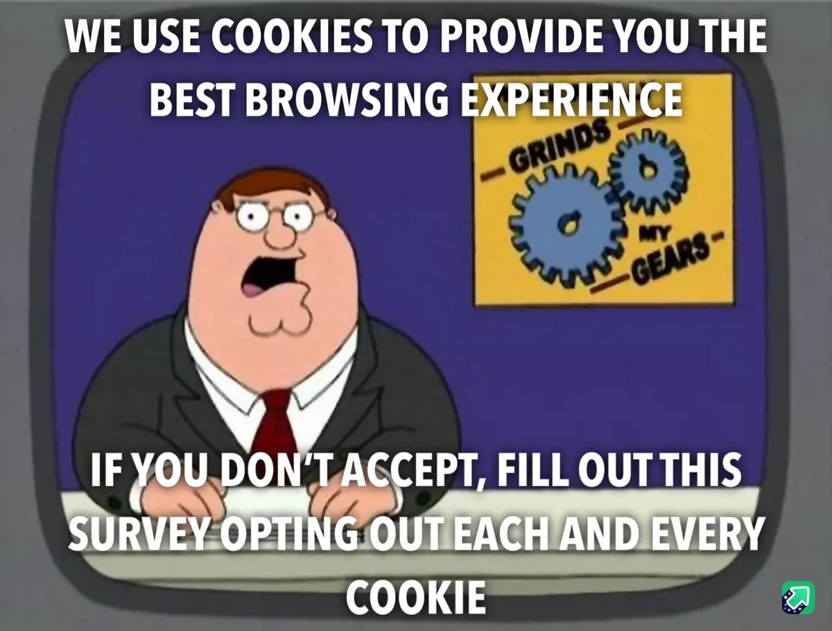 A cartoon man in a suit and tie, looking shocked, is shown on a TV screen. Behind him is a yellow sign with two blue gears…