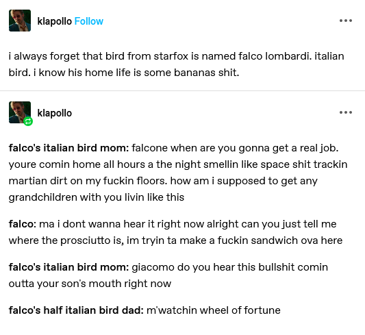 A screenshot of a social media thread where a user jokes about the Star Fox character Falco Lombardi being an 'italian bird'…