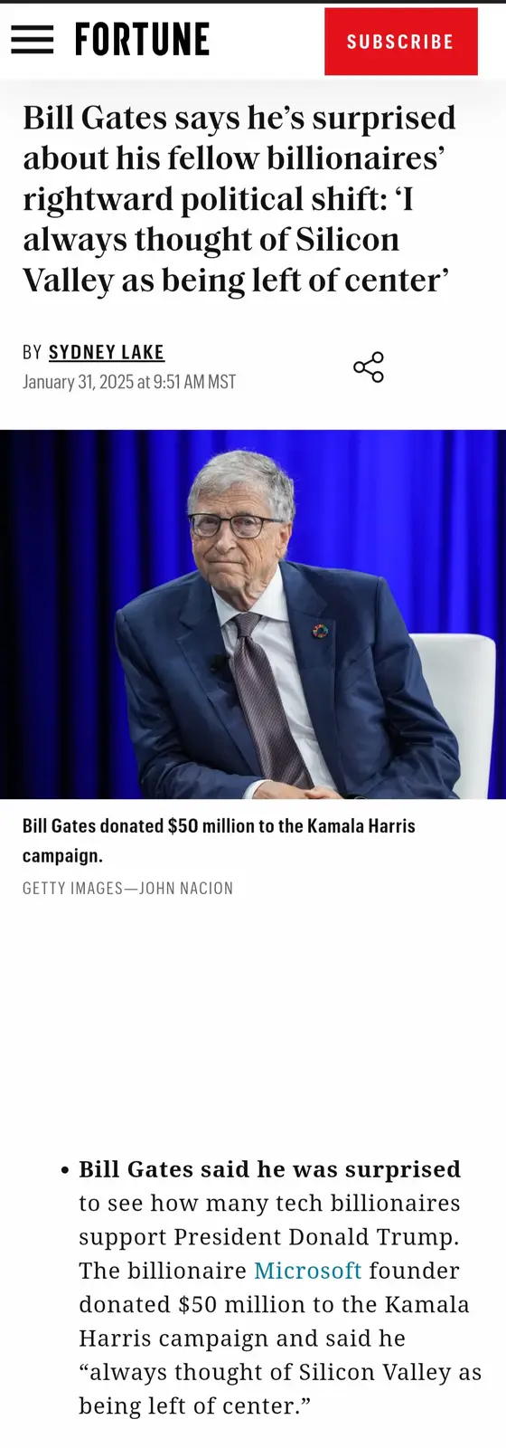 A screenshot of a Fortune article shows Bill Gates in a suit and glasses, looking slightly bemused, with the headline…