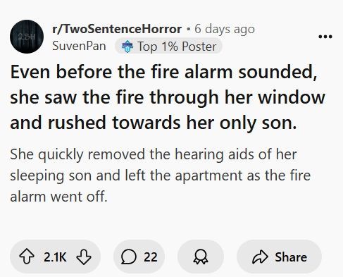A screenshot of a Reddit post from r/TwoSentenceHorror showing a two-sentence horror story. The text describes a mother…