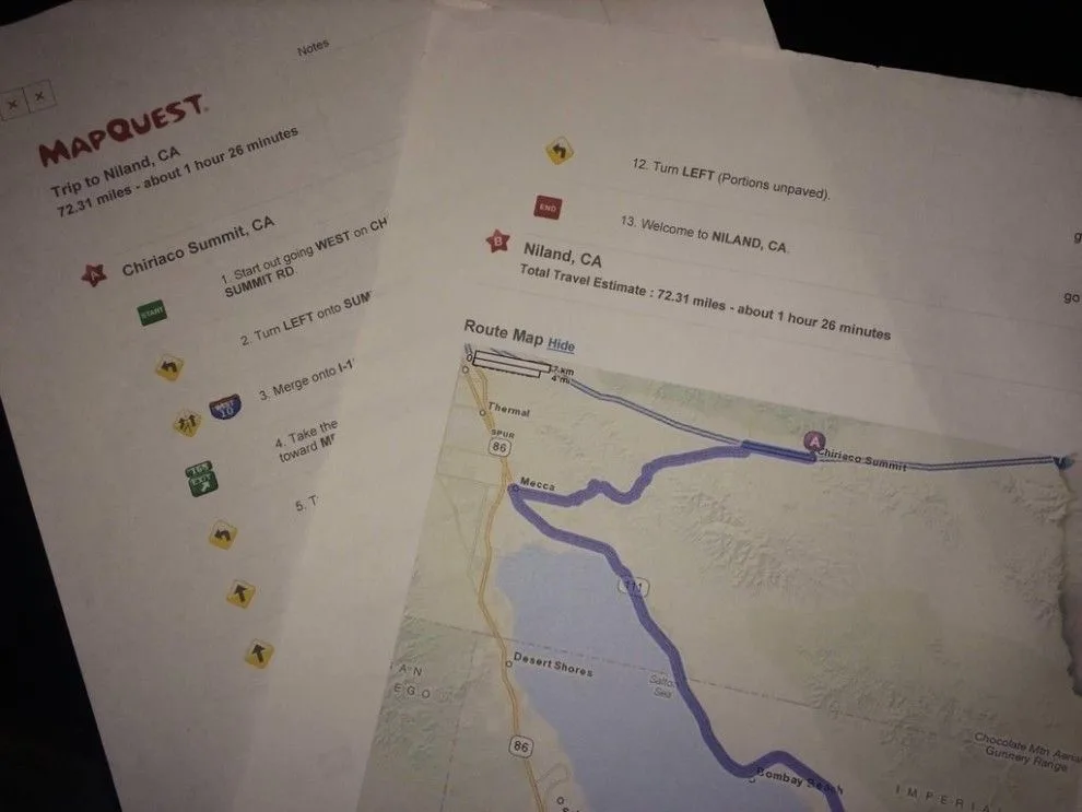 A printed MapQuest directions sheet for a trip to Niland, CA, showing a 72.31-mile route with step-by-step turn-by-turn…