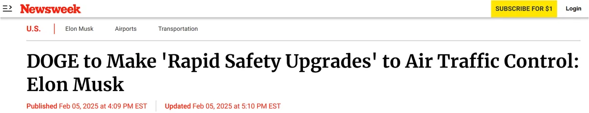 A screenshot of a Newsweek article header with the headline 'DOGE to Make 'Rapid Safety Upgrades' to Air Traffic Control…