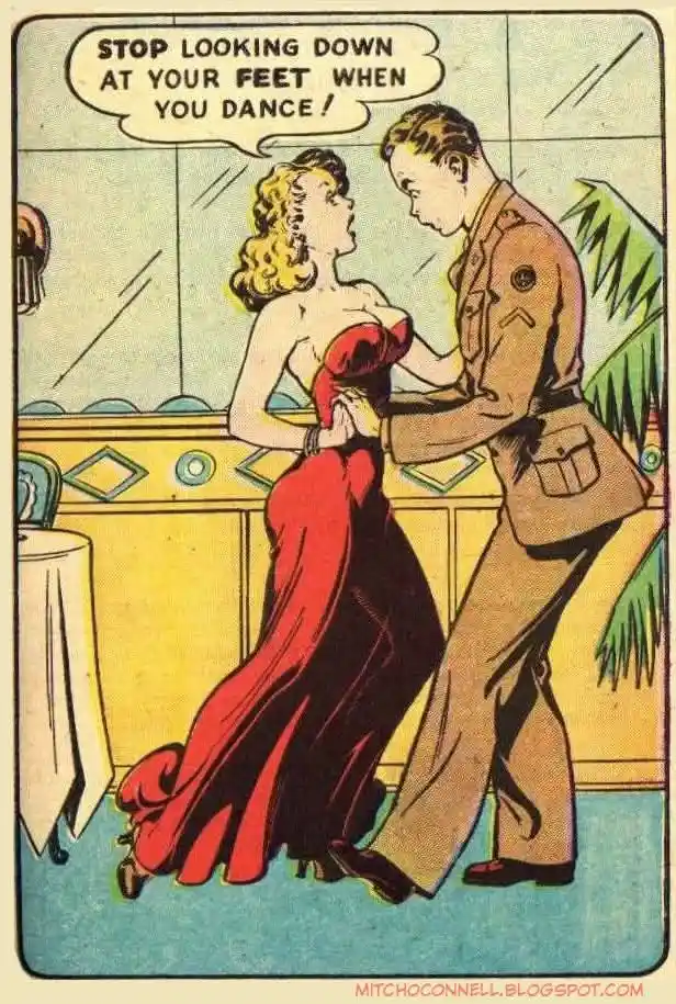 A vintage comic book panel shows a woman in a red dress and a man in a military uniform dancing. The woman looks up at the…
