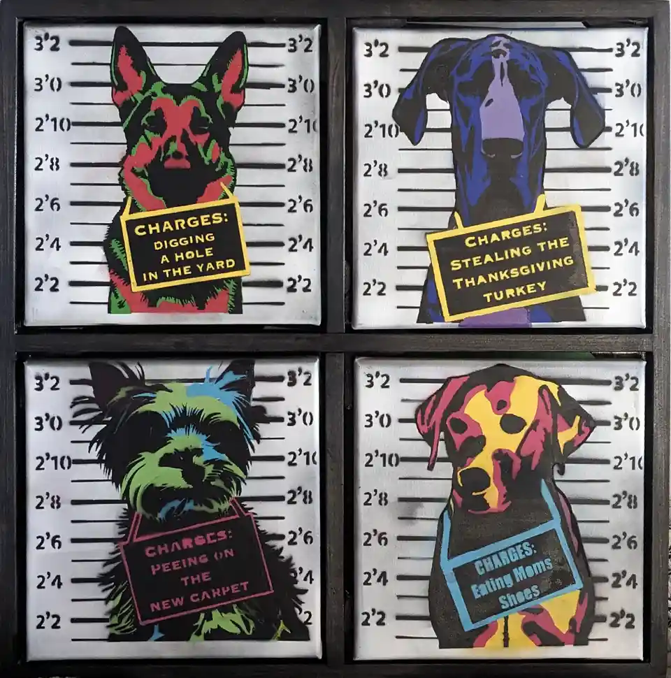 Four colorful, stylized dog portraits are arranged in a 2x2 grid, each set against a white mugshot background with height…