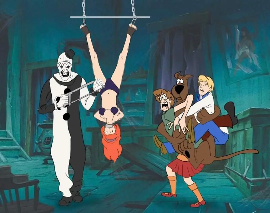 In a spooky, dimly lit haunted house, a white-faced clown in a black-and-white outfit holds a saw near a woman hanging…