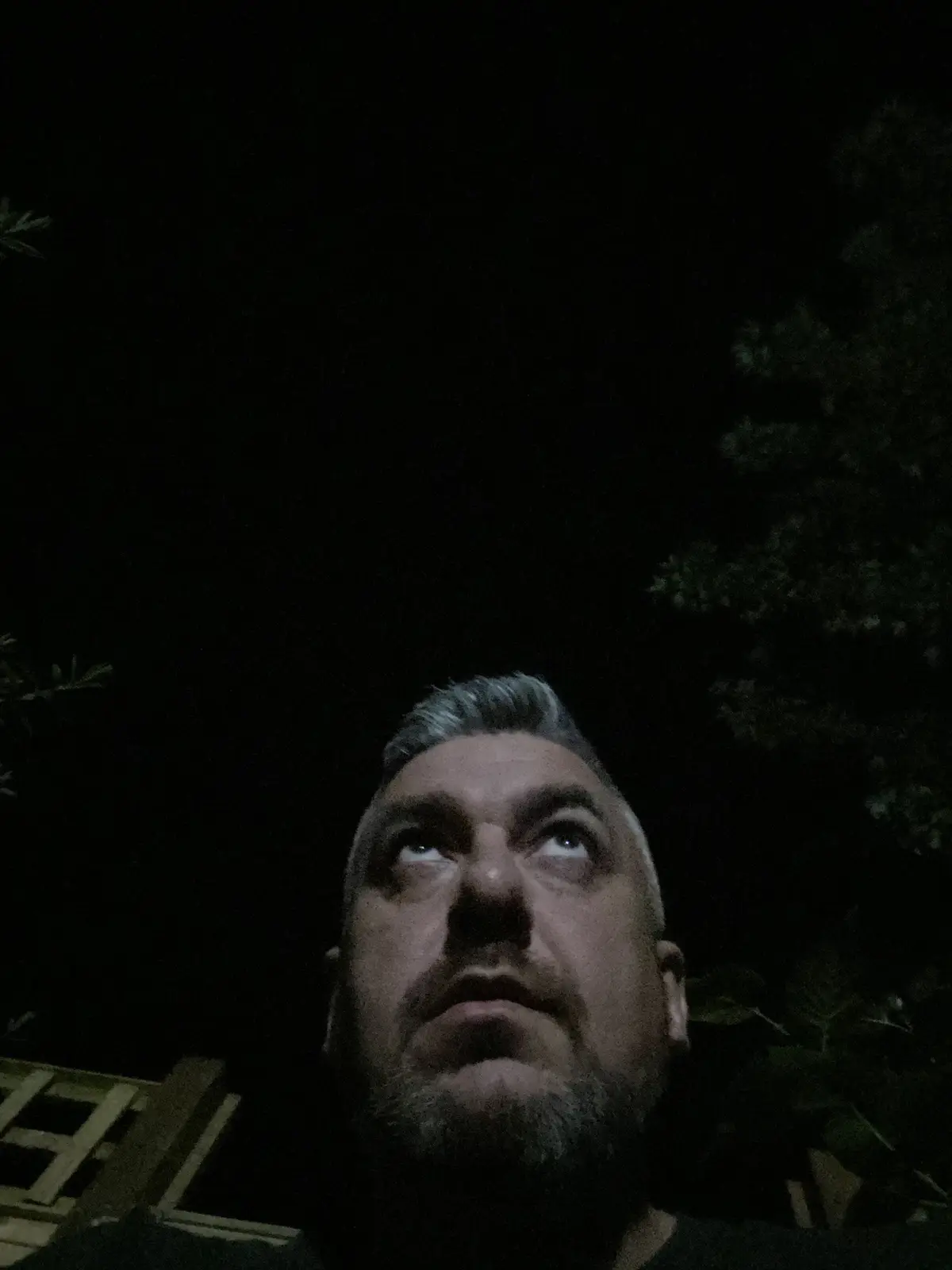 A man with gray hair and a beard looks upward at a dark night sky, his eyes wide and mouth slightly open in apparent…