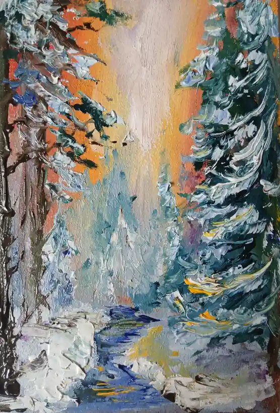 An impressionistic oil painting depicts a snowy forest scene with thick, textured brushstrokes showing snow-covered pine…